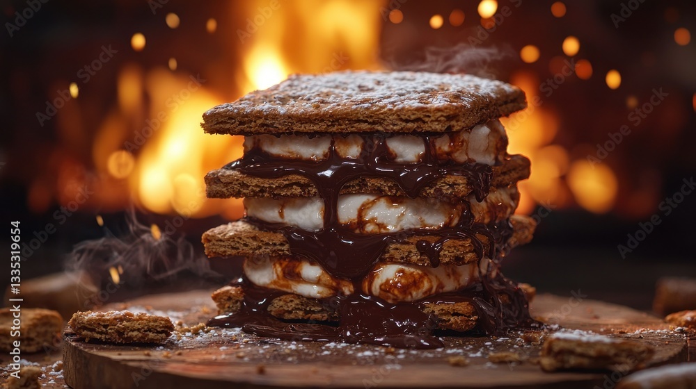 Stacked gooey s'mores by fireplace Stacked gooey s'mores by fireplace