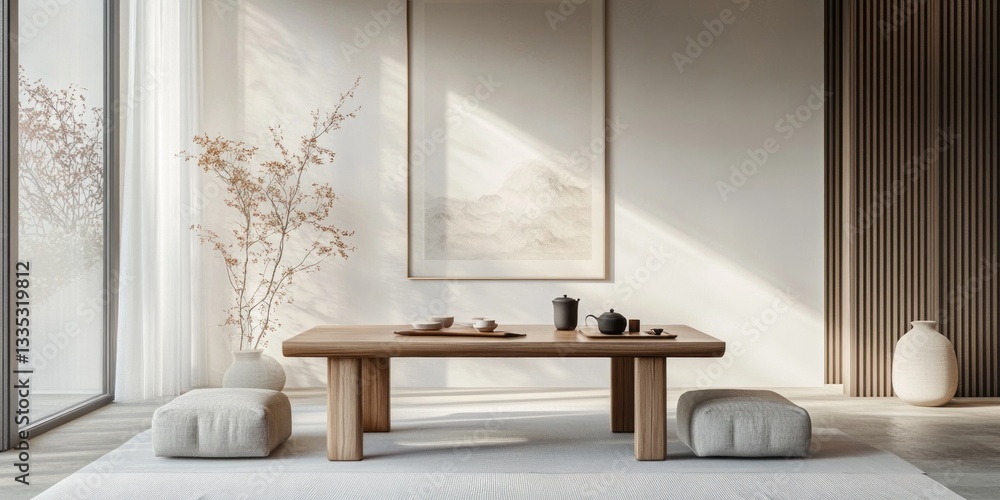 Minimalist living room features a low table with decorative elements Minimalist living room features a low table with decorative elements
