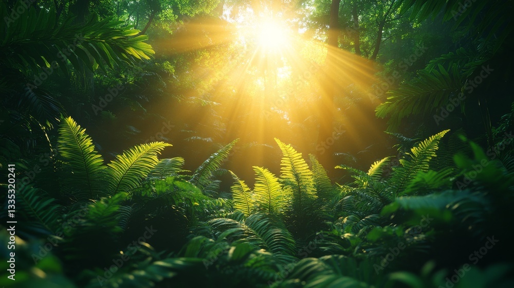 Obraz premium Sunlight Peeking Through Vibrant Jungle Canopy in Lush Green Jungle