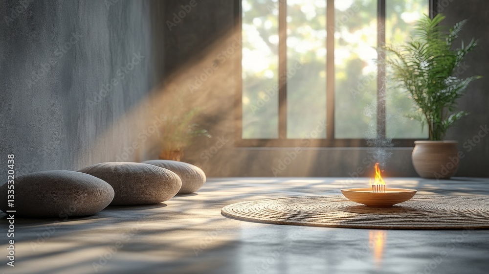 Tranquil Meditation Space with Soft Cushions and Candle Flame Tranquil Meditation Space with Soft Cushions and Candle Flame