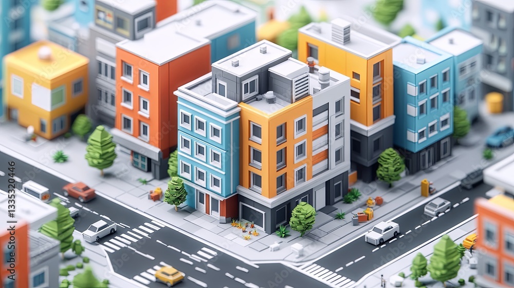 Isometric icon or infographic components depicting a low-poly town apartment building with streets and cars, designed for city map creation Isometric icon or infographic components depicting a low-poly town apartment building with streets and cars, designed for city map creation