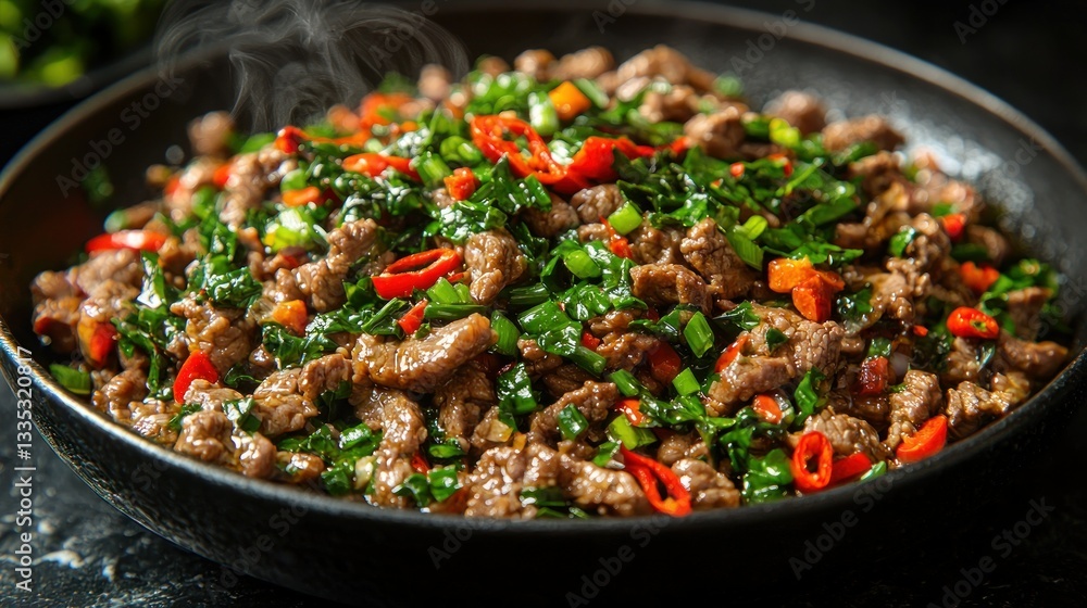 Steaming hot stir-fry of beef, leafy greens, and chili Steaming hot stir-fry of beef, leafy greens, and chili