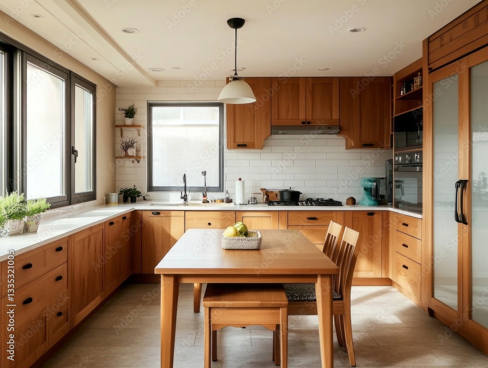 Fototapeta premium A modern kitchen features wooden cabinets and a dining table