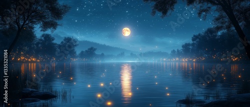 Serene Full Moon Reflecting on Calm Lake Surrounded by Nature