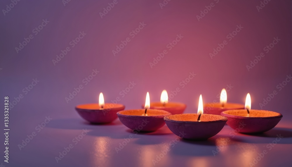Close-up of six burning Diwali candles with copy space on purple background. Festive mood of Hindu tradition and celebration. Bright lights evoke spiritual feelings during holy event. Close-up of six burning Diwali candles with copy space on purple background. Festive mood of Hindu tradition and celebration. Bright lights evoke spiritual feelings during holy event.