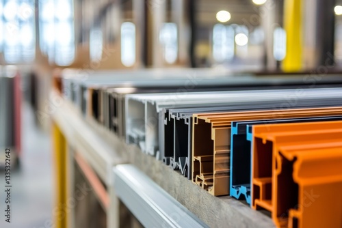 Colorful profiles on a work surface in a factory.  Various colored metal or plastic extrusion profiles are arranged in rows on a table
