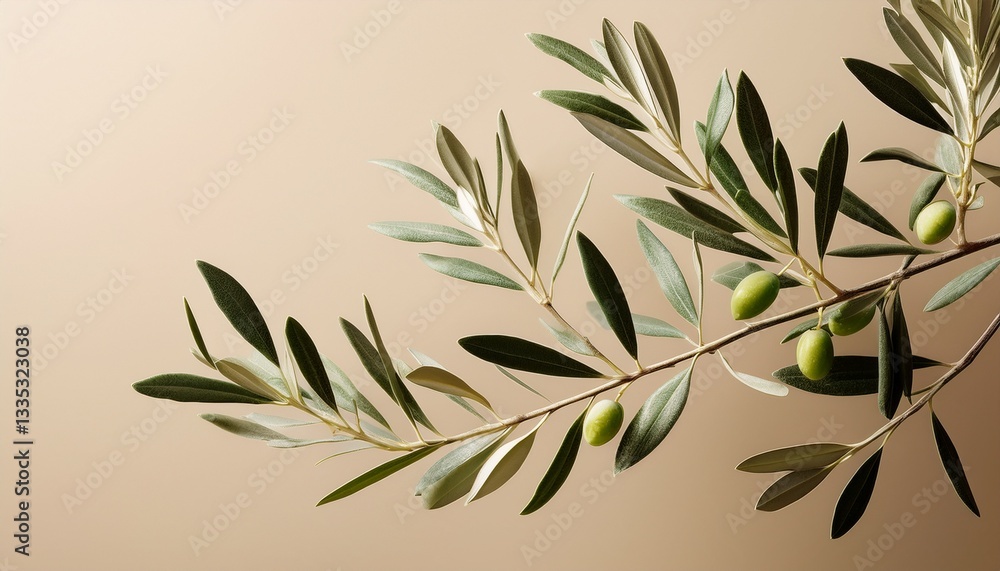 Obraz premium olive branch minimalistic picture leaves on branch in front of beige background