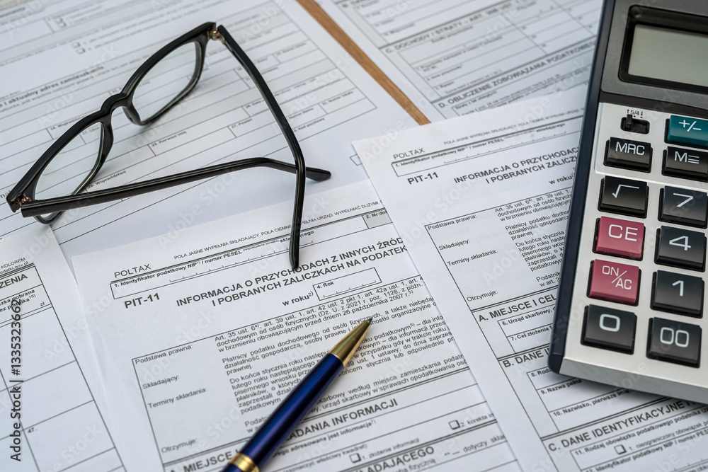Polish individual income tax form PIT with pen calculator glasses on desk. Workplace Polish individual income tax form PIT with pen calculator glasses on desk. Workplace