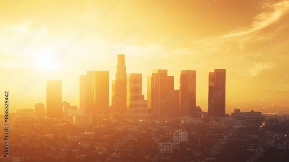 Fototapeta premium A golden cityscape silhouetted against the warm sunny sky