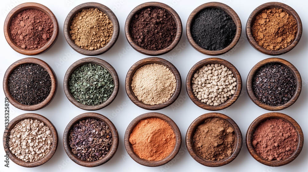 Variety of natural spices and powders arranged in wooden bowls on white background ready for culinary use in cooking Variety of natural spices and powders arranged in wooden bowls on white background ready for culinary use in cooking