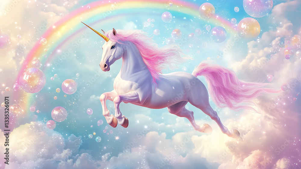 Magical White Unicorn with Pink Mane and Rainbow Background Magical White Unicorn with Pink Mane and Rainbow Background