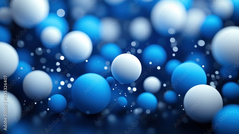 Abstract Blue and White Spheres Floating in Space: A 3D Render of Dynamic, Colorful Bubbles Abstract Blue and White Spheres Floating in Space: A 3D Render of Dynamic, Colorful Bubbles