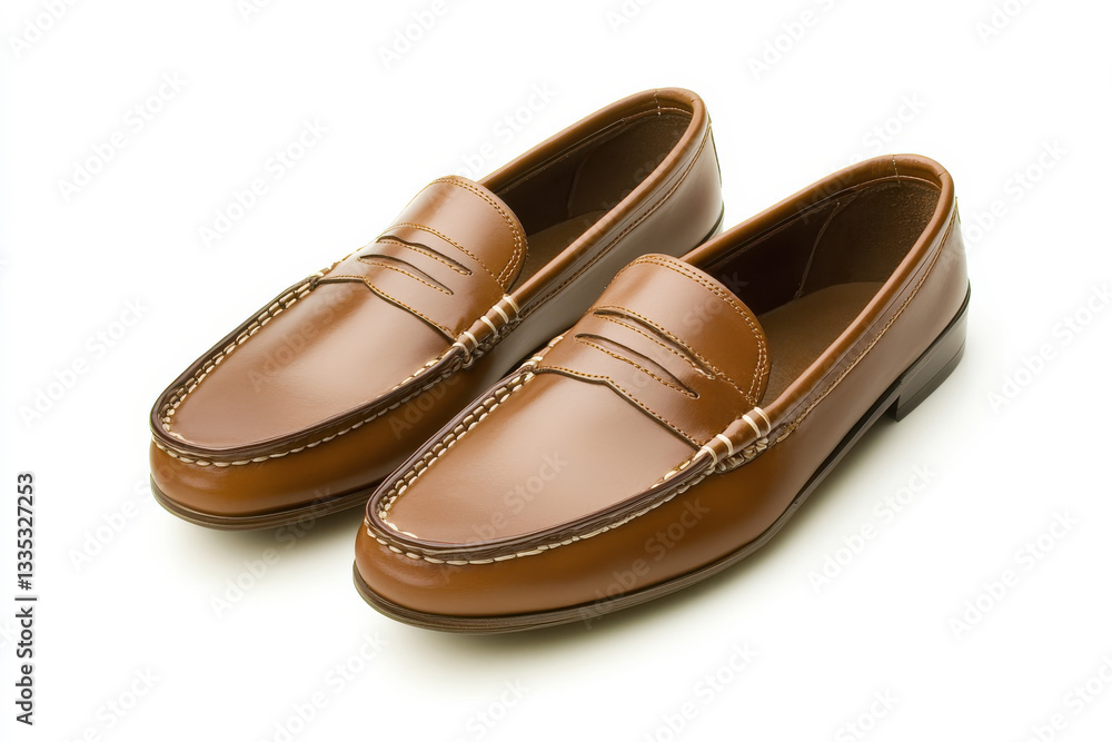 Brown leather loafers on white, highlighting craftsmanship Brown leather loafers on white, highlighting craftsmanship