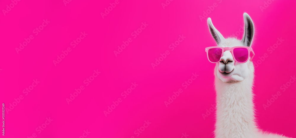 Fototapeta premium Llama in pink sunglasses on vibrant backdrop