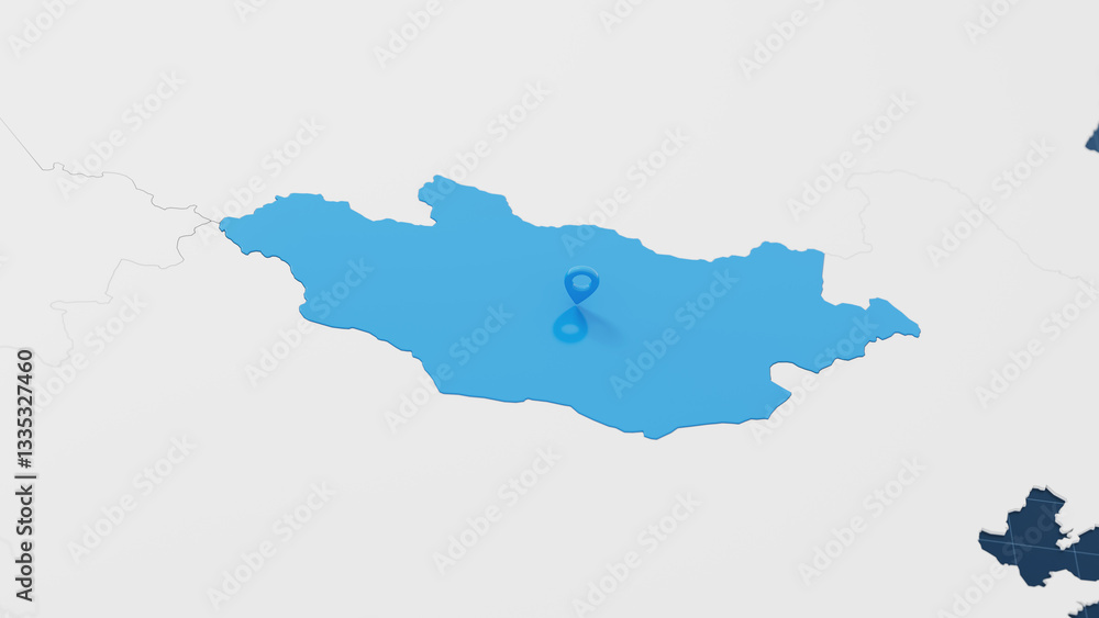 Blue Mongolia 3d map with pointer pin surrounded with other countries in white. Political map with borders. 3d render illustration Blue Mongolia 3d map with pointer pin surrounded with other countries in white. Political map with borders. 3d render illustration