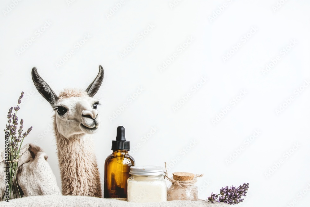 Obraz premium Llama packs homemade skincare products in glass jars