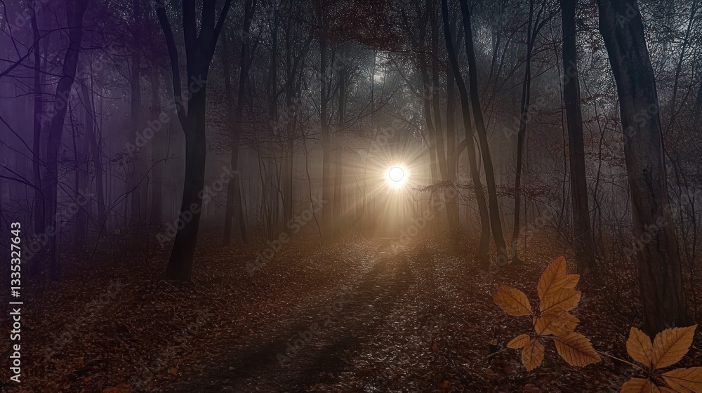Obraz premium Sunlight Piercing Through the Misty Forest Illuminating a Pathway Amidst Tall Trees and Fallen
