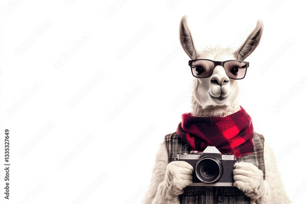 Fototapeta premium Trendy hipster llama with camera captures stylish moments