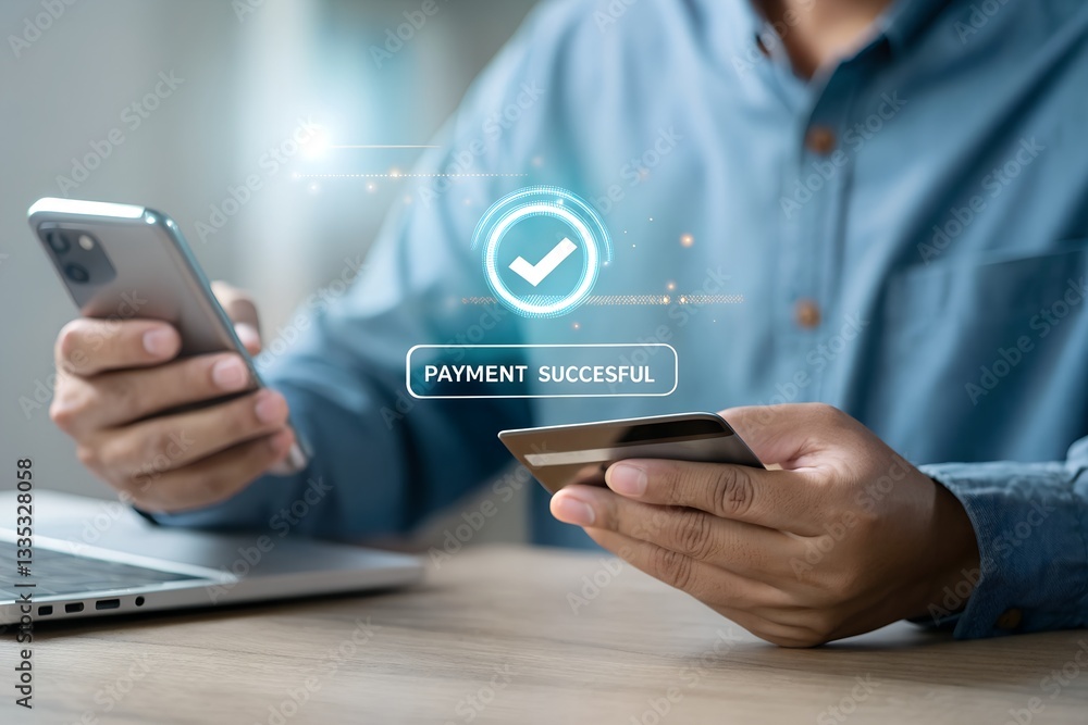 Secure Online Payment Transaction Process concept. Person confirming a secure online payment using a credit card through a digital interface with verification tick symbol. Internet banking, fintech, Secure Online Payment Transaction Process concept. Person confirming a secure online payment using a credit card through a digital interface with verification tick symbol. Internet banking, fintech,
