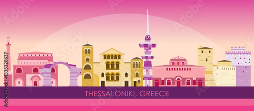 Sunset Skyline panorama of city of Thessaloniki, Greece - vector illustration