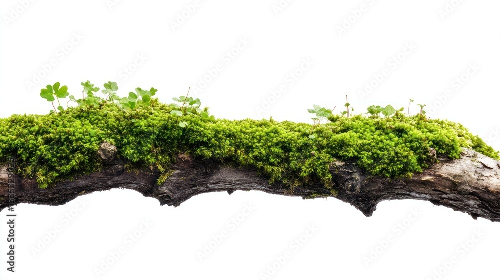 Green moss and small plants growing on a weathered wooden branch Green moss and small plants growing on a weathered wooden branch