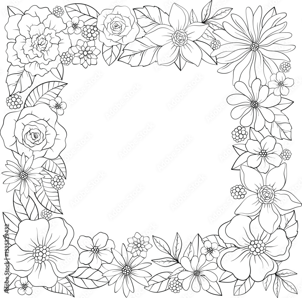 Seamless Line art floral square frame with wild flowers. Hand drawn botanical design with small flowers and leaves. Vector illustration. Seamless Line art floral square frame with wild flowers. Hand drawn botanical design with small flowers and leaves. Vector illustration.