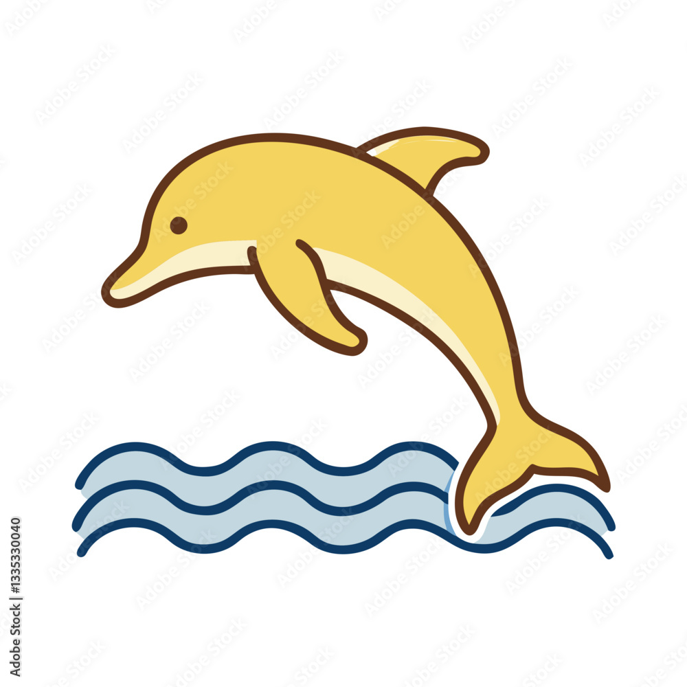 Obraz premium Jumping dolphin over ocean waves icon in flat design