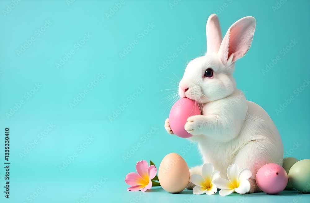 Fototapeta premium Easter rabbit with pink painted egg on blue background. Easter holiday concept. Space for text