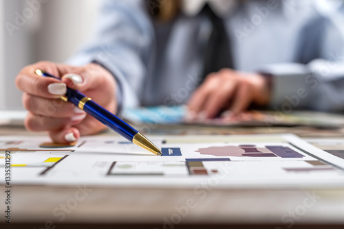 Wallpaper Mural female hand making project with sketch plan blueprint and color palette at office Torontodigital.ca