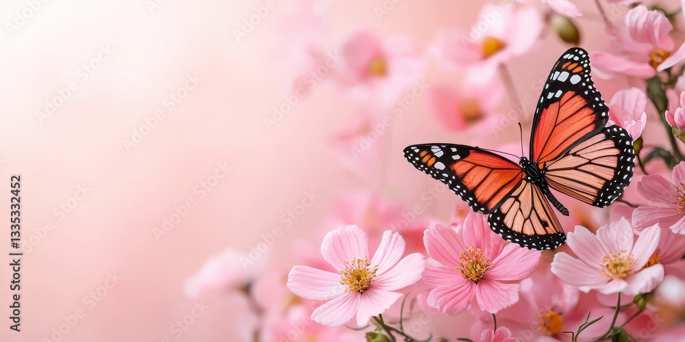 National pink day with feminine and flowers idea. Butterfly on pink flowers in a soft, dreamy setting. National pink day with feminine and flowers idea. Butterfly on pink flowers in a soft, dreamy setting.
