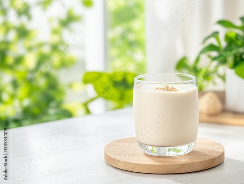 Plant-Based Protein Shake in Sleek Glass on Wooden Coaster
