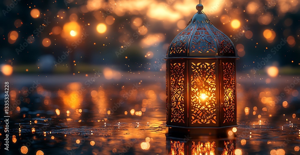 Ornate Lantern Glowing Warmly Against Raindrops and Soft Bokeh Lights
Ornate Lantern Glowing Warmly Against Raindrops and Soft Bokeh Lights