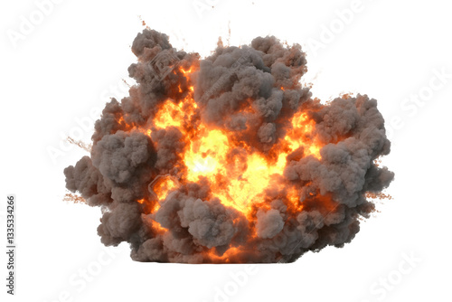 A large explosion with orange flames and gray smoke against a transparent background, PNG