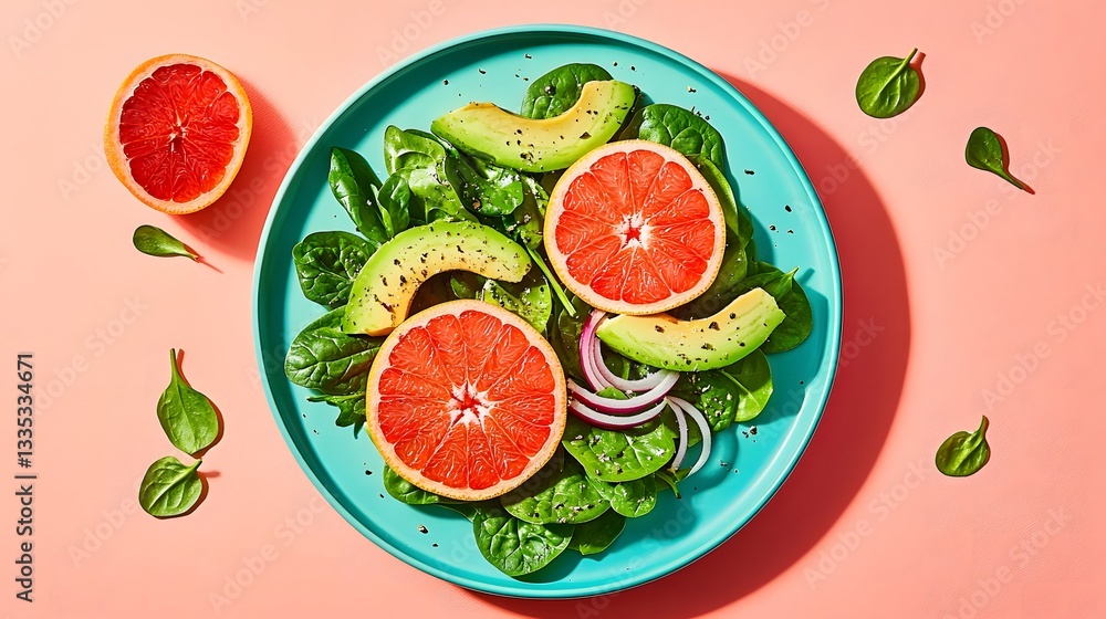 Plate of farm-fresh spinach with juicy grapefruit slices, avocado wedges, and sweet red onion. Plate of farm-fresh spinach with juicy grapefruit slices, avocado wedges, and sweet red onion.