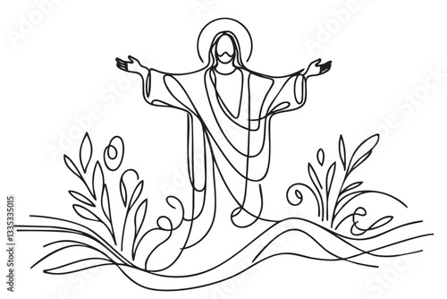 One line drawing of Lord Jesus with outstretched arms. One line vector illustration