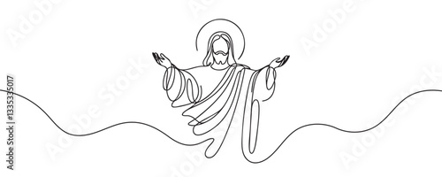 One line drawing of Lord Jesus with outstretched arms. One line vector illustration