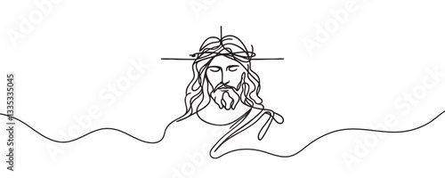 Continuous one line drawing of Jesus face with crown of thorns. vector illustration.
