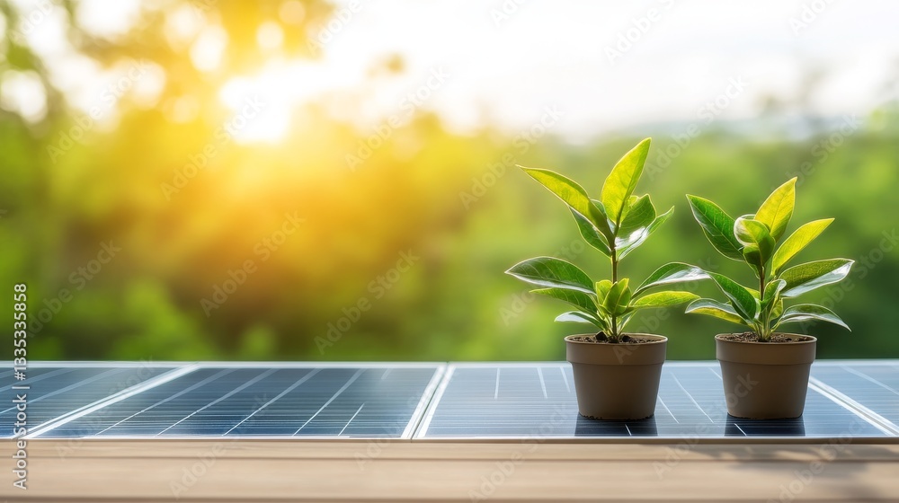 Bright Green Plants on Solar Panels with Sunlight in Background Bright Green Plants on Solar Panels with Sunlight in Background