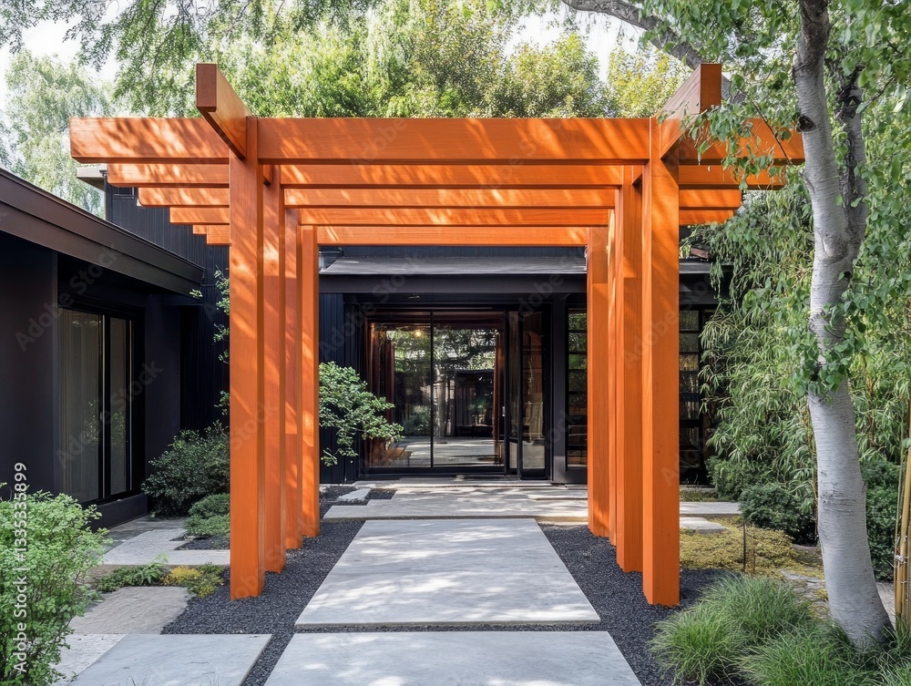 A modern home entrance with a decorative orange colored pergola A modern home entrance with a decorative orange colored pergola