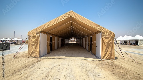 Tan fabric temporary structure with multiple entrances, situated on a sandy terrain under a clear sky