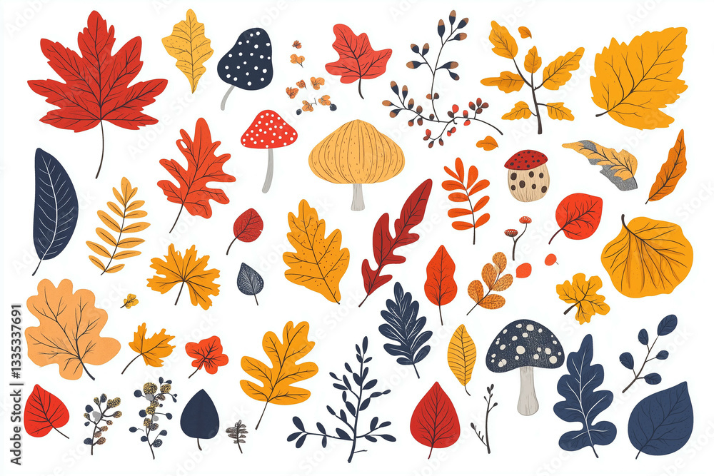 Obraz premium Set of silhouettes of different tree leaves, oak, maple, chestnut. Simple autumn leaves icons for fall thanksgiving decoration, flat cartoon leaf collection