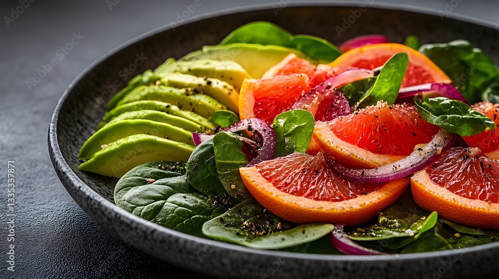 Plate of farm-fresh spinach with juicy grapefruit slices, avocado wedges, and sweet red onion. Plate of farm-fresh spinach with juicy grapefruit slices, avocado wedges, and sweet red onion.