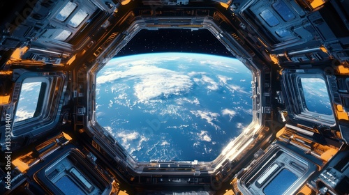 A spacecraft window showcasing planet earth and space in view