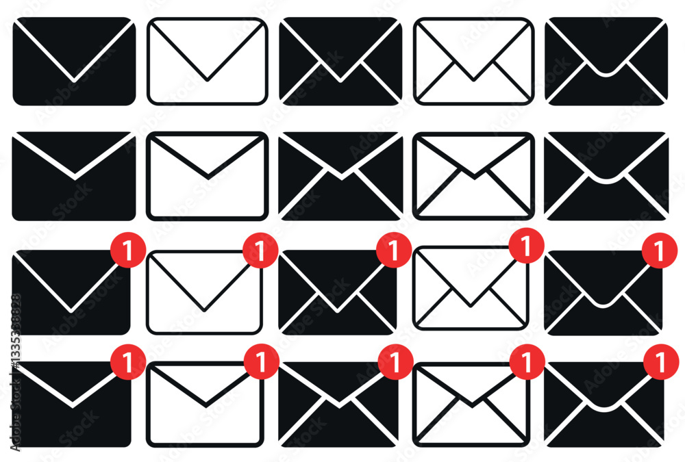 Email icon with notification badge for digital communication. email icon set. vector email icon design. set of mail icons Email icon with notification badge for digital communication. email icon set. vector email icon design. set of mail icons