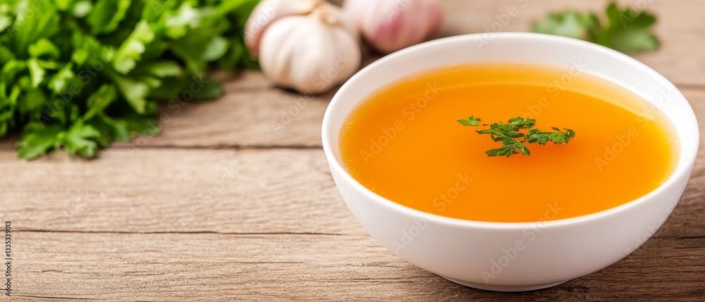 Steaming Bowl of Bone Broth with Garlic and Fresh Herbs Steaming Bowl of Bone Broth with Garlic and Fresh Herbs