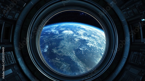 Fototapeta Naklejka Na Ścianę i Meble -  The view of Earth from a spacecrafts circular window