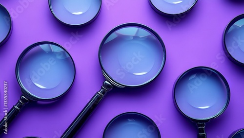 A pattern of magnifying glasses arranged in an artistic manner on a purple background
