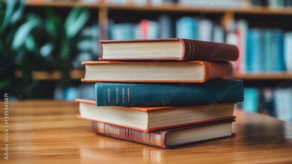A stack of colorful books sitting on a wooden table A stack of colorful books sitting on a wooden table