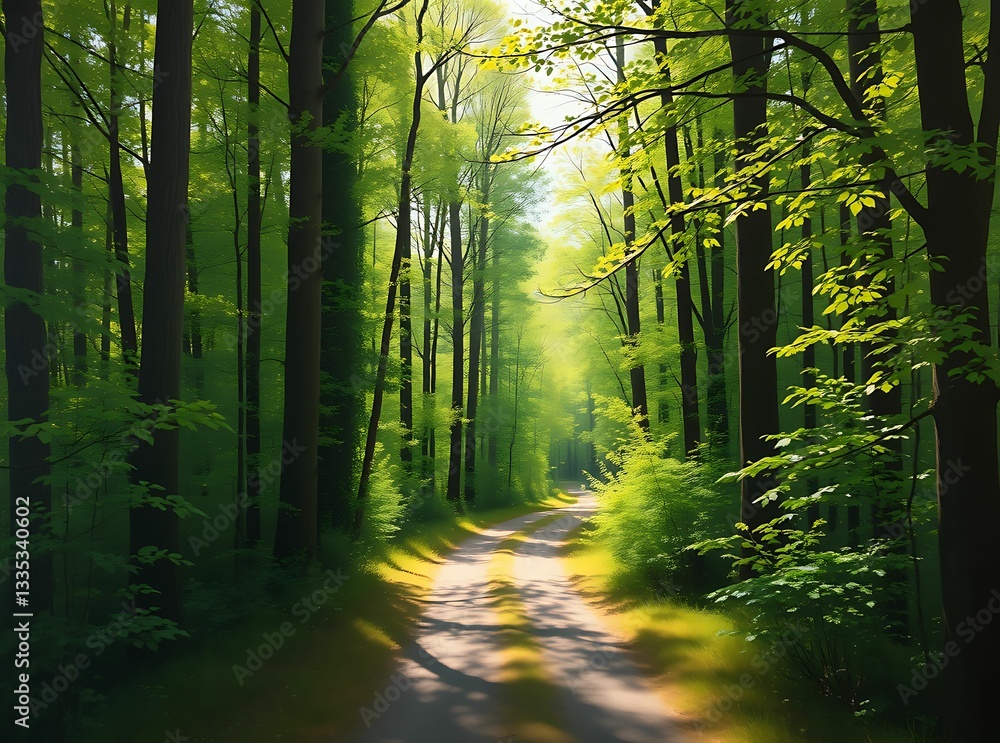 Fototapeta premium Spring Forest Path with Sunlight and Fresh Leaves in Oil Painting Style