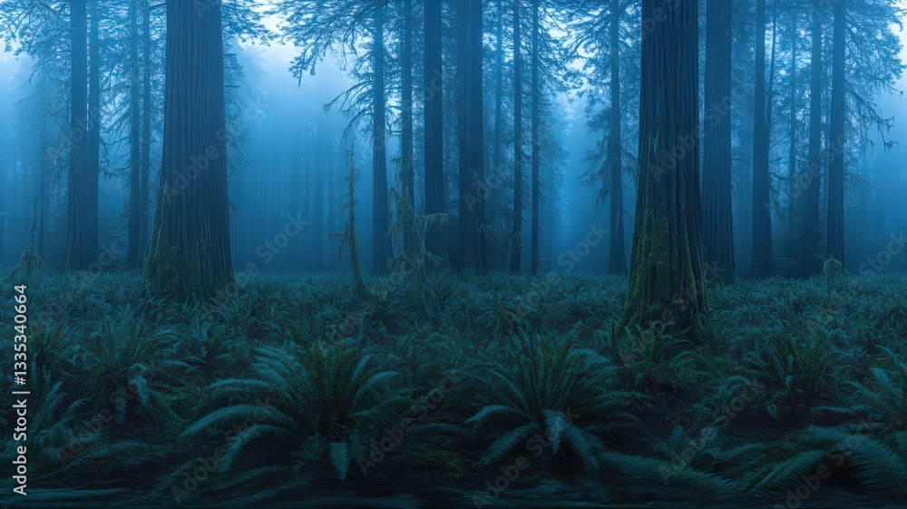Fototapeta premium Enigmatic Blue Forest at Dawn with Glowing Fireflies and Fog